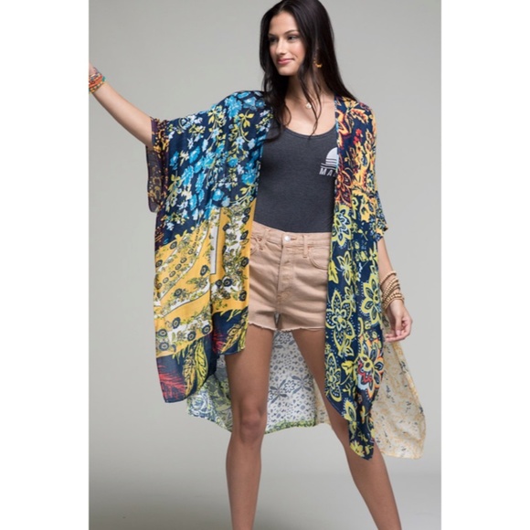 Tops - SOLD OUT Laguna Intricate Floral Tile Patchwork Print Kimono Wrap Open Boho